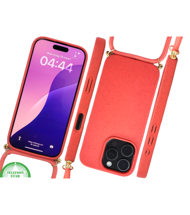 Koraalrood Koord Hoesje – Biologisch Afbreekbare Crossbody Case Met Verstelbare Draagkoord voor iPhone 16 Pro