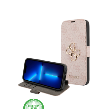 Hoesje voor iPhone 15 Bookcase – Luxe Roze Lederen Look met Goudkleurig Logo