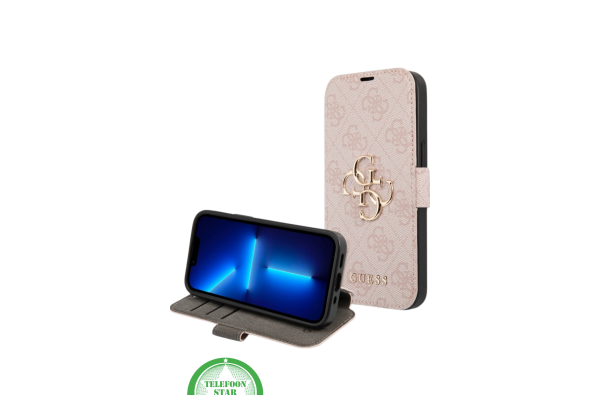 Hoesje voor iPhone 15 Bookcase – Luxe Roze Lederen Look met Goudkleurig Logo