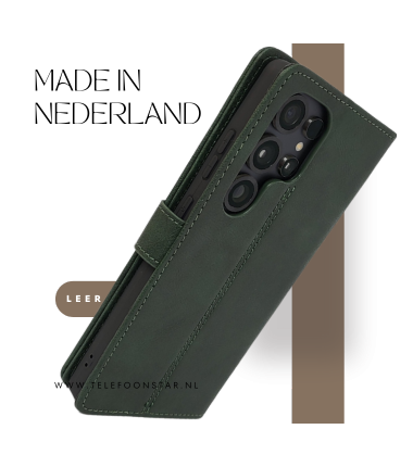 S25 Plus Olijfgroen Boek Klap hoesjes Leer Stijlvolle en Beschermende Wallet Case