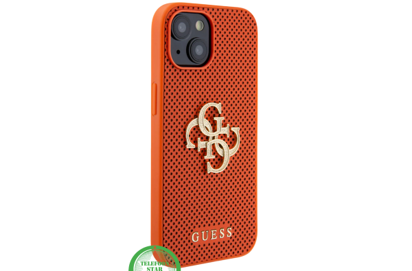 Hoesje voor iPhone 15 – Oranje Luxe Design met Goudkleurig Logo