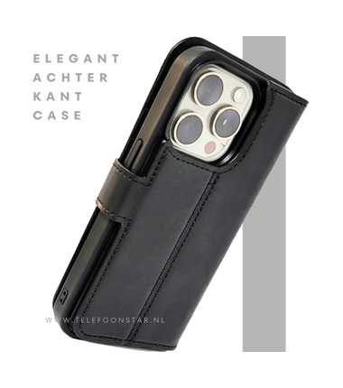 Zwart Bookcase Hoesje twee en een iPhone 15 Pro – Luxe PU-leer & Kaarthouder | Telefoonstar.nl