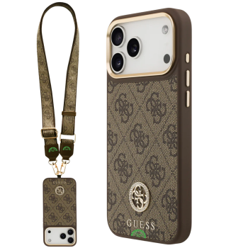 Hoesje voor iPhone 17 Pro Max Bruin Guess afneembare schouder- en polsband