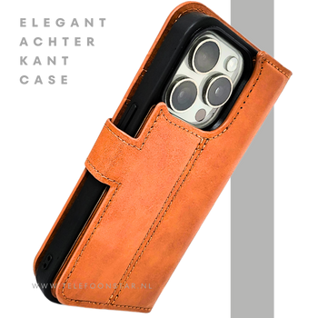 Cognac Bookcase Hoesje twee en een iPhone 15 Pro – Lederen Look & Kaartvak | Telefoonstar.nl