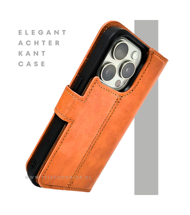 Cognac Bookcase Hoesje twee en een iPhone 15 Pro – Lederen Look & Kaartvak | Telefoonstar.nl