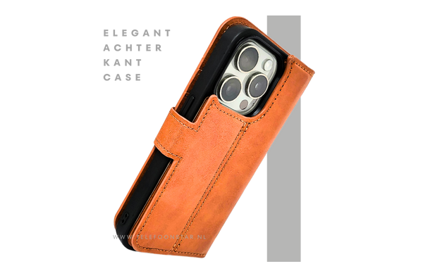 Cognac Bookcase Hoesje twee en een iPhone 15 Pro – Lederen Look & Kaartvak | Telefoonstar.nl