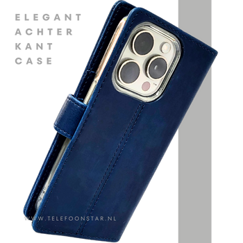 iPhone 15 Pro Bookcase Hoesje Blauw – Elegant Leren Look met Magnetische Sluiting