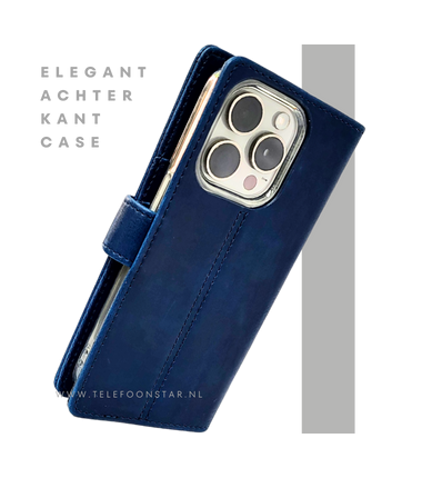 iPhone 15 Pro Bookcase Hoesje Blauw – Elegant Leren Look met Magnetische Sluiting
