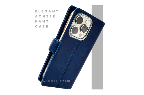 iPhone 15 Pro Bookcase Hoesje Blauw – Elegant Leren Look met Magnetische Sluiting