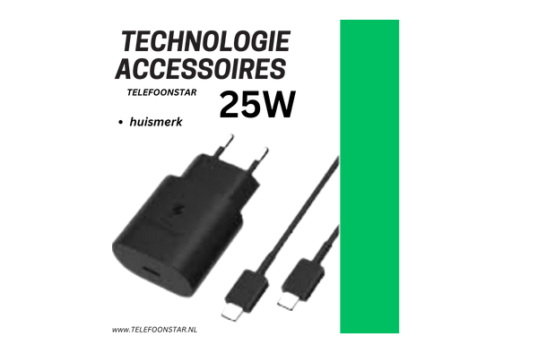 OpladerStar Fast Charger Travel Adapter 25W Inclusief USB C Kabel (100cm) Zwart