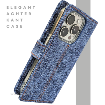 iPhone 15 Pro Max Jeans Look Hoesje – Stoere Bookcase met Pasjeshouder | Telefoonstar