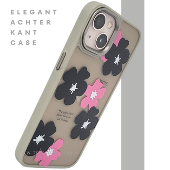 iPhone 13 / 14 Hoesje – Matgroene Rand met Bloemenprint Zwart/Roze | Telefoonstar
