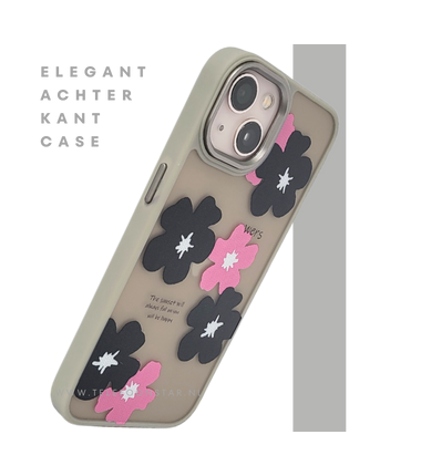 iPhone 13 / 14 Hoesje – Matgroene Rand met Bloemenprint Zwart/Roze | Telefoonstar