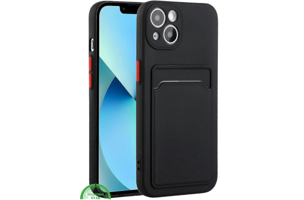 Zwart Transparant Shockproof Hoesje voor iPhone 15 met Kaarthouder – Praktisch & Supersterk