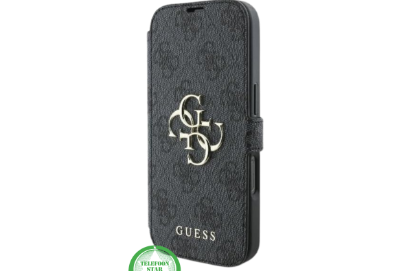 Hoesje voor iPhone 15 Bookcase – Luxe Zwart Lederen Look met Goudkleurig Logo