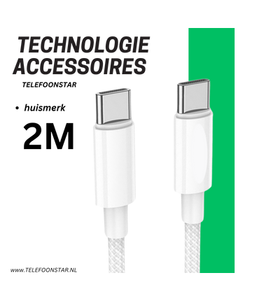 USB-C naar USB-C Oplaadkabel 2 Meter – Witte Gevlochten Snelladerkabel
