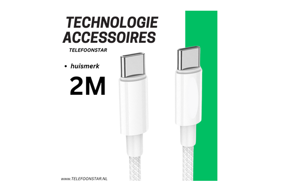 USB-C naar USB-C Oplaadkabel 2 Meter – Witte Gevlochten Snelladerkabel