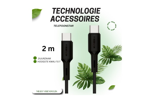 USB-C naar USB-C Kabel – 2 Meter zwart – 2.4A Output – Sterk & Veilig Laden