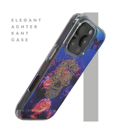 iPhone 16 Pro Hoesje Gouden Skull Design Transparant Telefoonhoesje met Paarse Bloemenprint