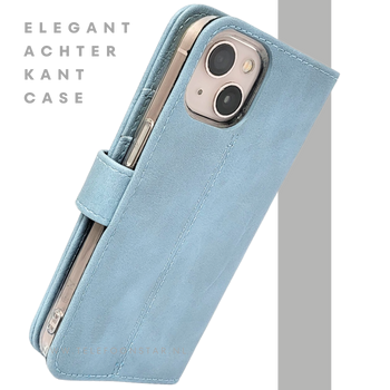 Lichtblauw Bookcase Hoesje iPhone 13 en 14 Met Sluitbandje en Pasjeshouder prijs goedkoop €14,95