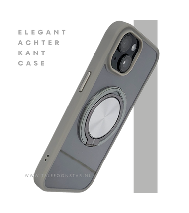 iPhone 15 Hoesje – Transparant Met Taupe Rand & Zilveren Ringhouder | Elegant & Functioneel