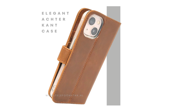 Bruin Bookcase Hoesje iPhone 13 / 14 – Vintage Leren Look met Bandje | €14,95