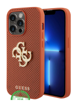 iPhone 15 Pro Siliconen Hoesje &ndash; Oranje Design met Gouden Logo en Gripbescherming
