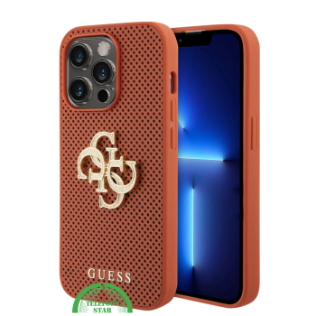 iPhone 15 Pro Siliconen Hoesje – Oranje Design met Gouden Logo en Gripbescherming