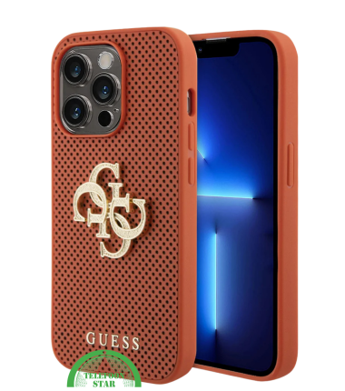 iPhone 15 Pro Siliconen Hoesje – Oranje Design met Gouden Logo en Gripbescherming