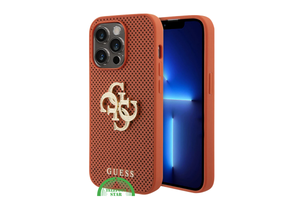 iPhone 15 Pro Siliconen Hoesje – Oranje Design met Gouden Logo en Gripbescherming