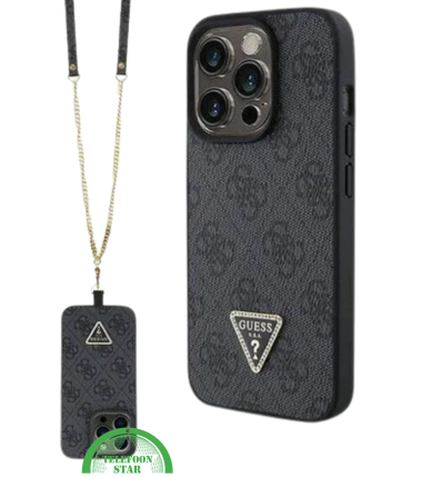 iPhone 15 Pro Hoesje met Gouden Ketting &ndash; Zwart Design met Logo en Bescherming