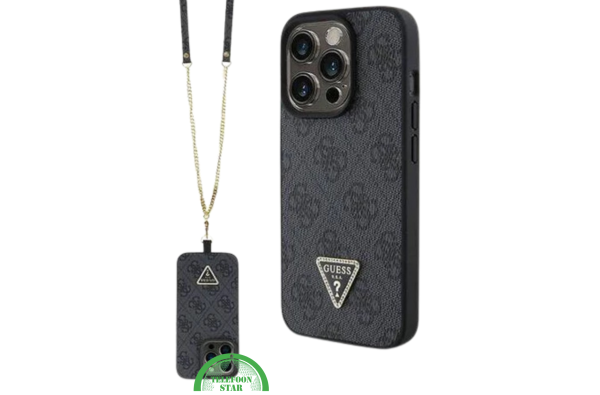 iPhone 15 Pro Hoesje met Gouden Ketting – Zwart Design met Logo en Bescherming