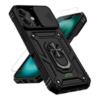 Hoesje voor iPhone 17 Zwart Camera Protection Kickstand Ring Armor