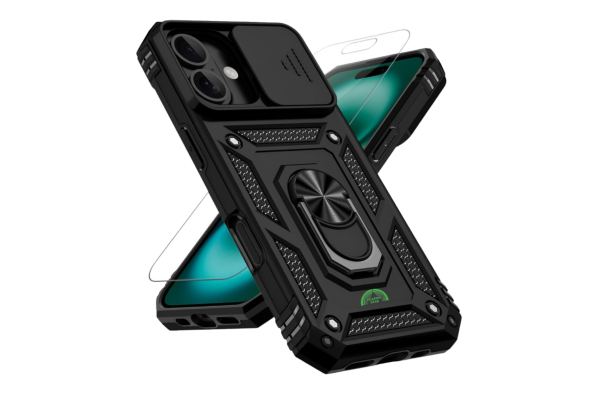 Hoesje voor iPhone 17 Zwart Camera Protection Kickstand Ring Armor