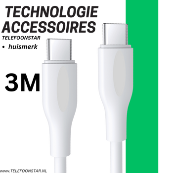 USB-C naar USB-C Kabel – 3 Meter – 65W wit Snel Opladen & Data Sync