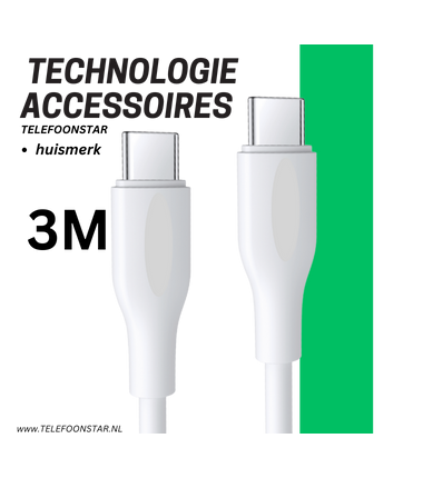 USB-C naar USB-C Kabel &ndash; 3 Meter &ndash; 65W wit Snel Opladen & Data Sync
