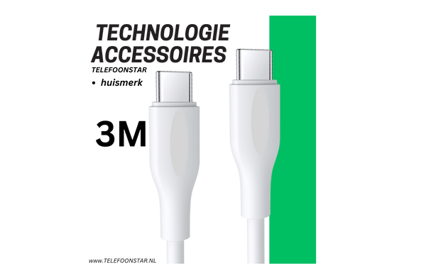 USB-C naar USB-C Kabel – 3 Meter – 65W wit Snel Opladen & Data Sync