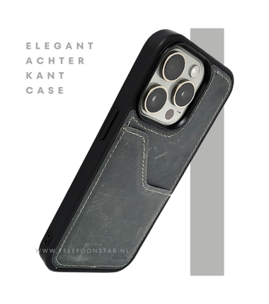 iPhone 15 Pro Hoesje met Kaarthouder – Vintage Lederlook Grijs | Telefoonstar.nl