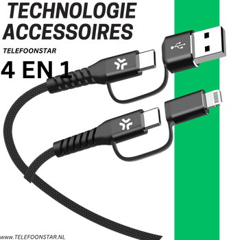 4-in-1 Oplaadkabel USB-C & USB-A naar USB-C, Micro-USB en Lightning