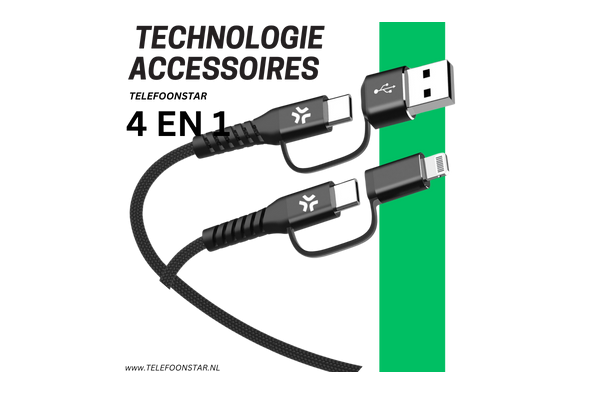 4-in-1 Oplaadkabel USB-C & USB-A naar USB-C, Micro-USB en Lightning