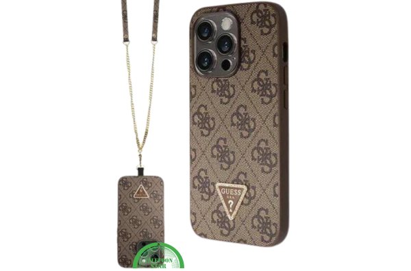 iPhone 15 Pro Hoesje met Gouden Ketting – Bruin Design met Logo en Bescherming