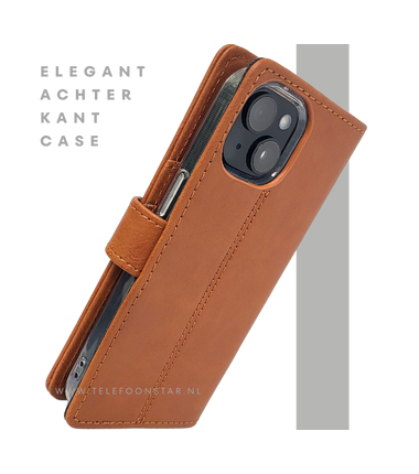 iPhone 15 Plus Leren Hoesje Cognac – Bookcase met Pasjeshouder