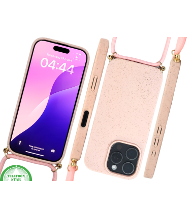 Lichtroze Koord Hoesje – Duurzaam Siliconen Touwkoord Case Met Draagkoord voor iPhone 16 Pro Max