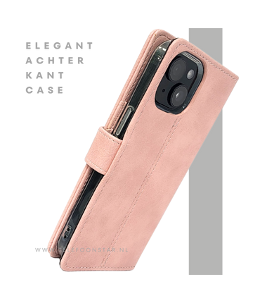 iPhone 15 Plus Hoesje Roze – Bookcase met Pasjeshouder en Leren Look