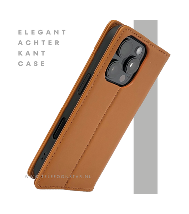 iPhone 16 Pro Max Bookcase Hoesje Cognac – Leren Look met Magnetische Sluiting