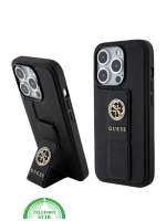 Hoesje voor iPhone 15 Pro met Standaard &ndash; Zwart Design met Gouden Logo