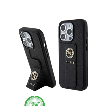 Hoesje voor iPhone 15 Pro met Standaard – Zwart Design met Gouden Logo