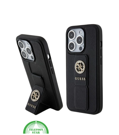 Hoesje voor iPhone 15 Pro met Standaard &ndash; Zwart Design met Gouden Logo