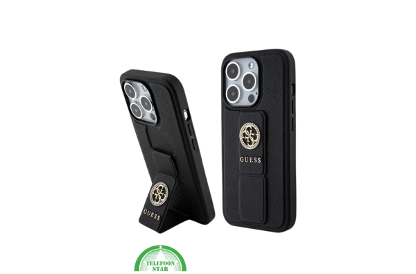 Hoesje voor iPhone 15 Pro met Standaard – Zwart Design met Gouden Logo