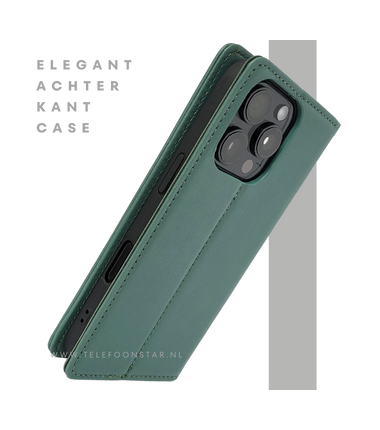 iPhone 16 Pro Max Bookcase Hoesje Donkergroen – Luxe Leren Look met Magnetische Sluiting